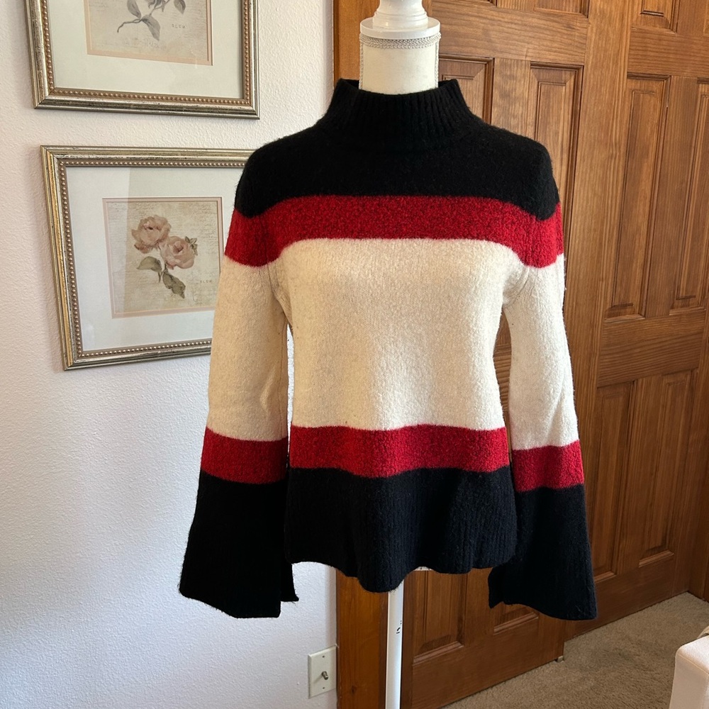 Banana Republic Striped Black, Red, and Cream Women's Sweater